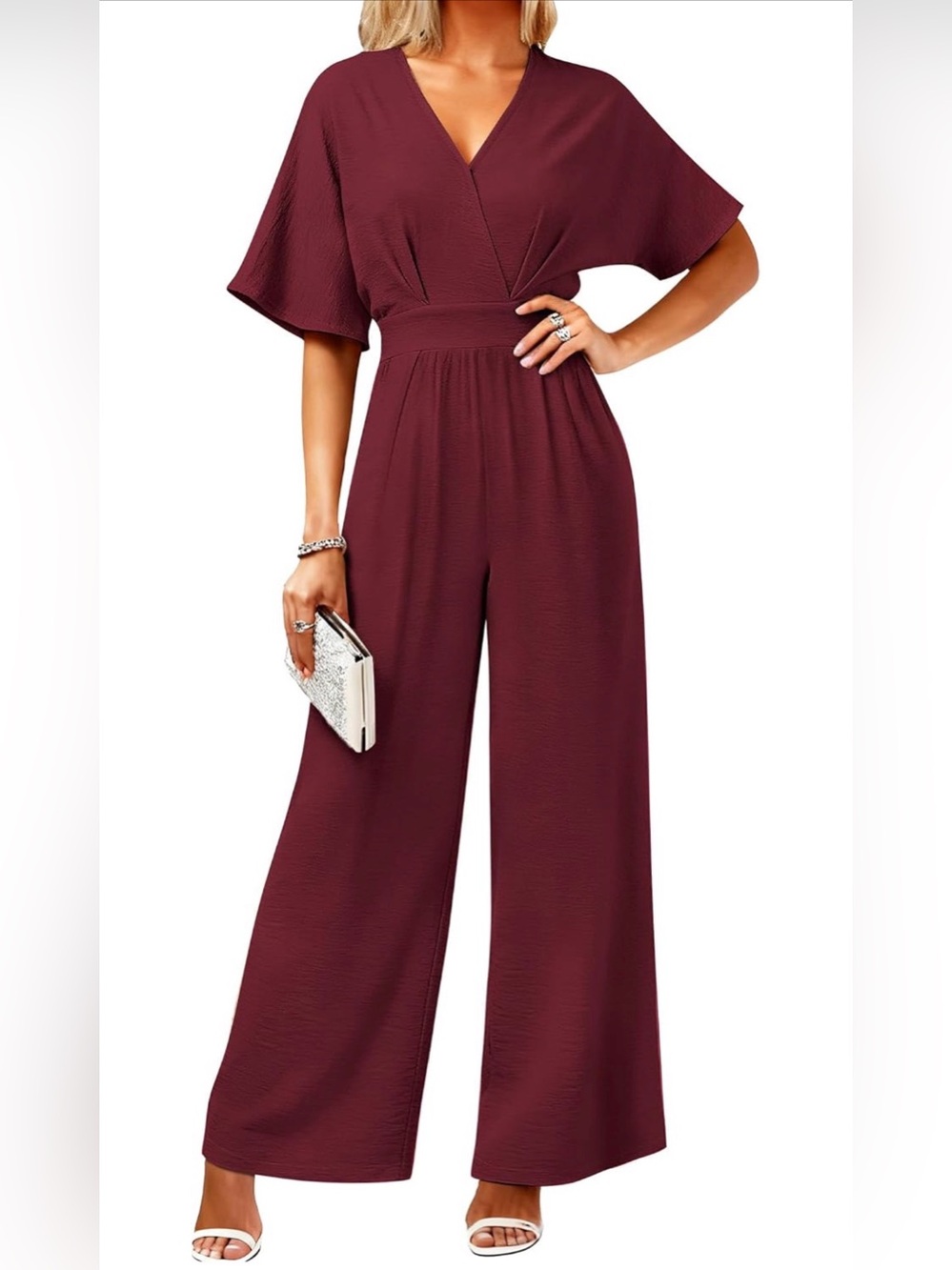 Elegant Burgundy V-Neck Wide-Leg Jumpsuit